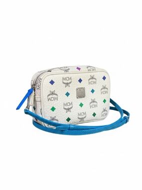 MCM White Multicolor Visetos Camera Crossbody Bag Blue Strap